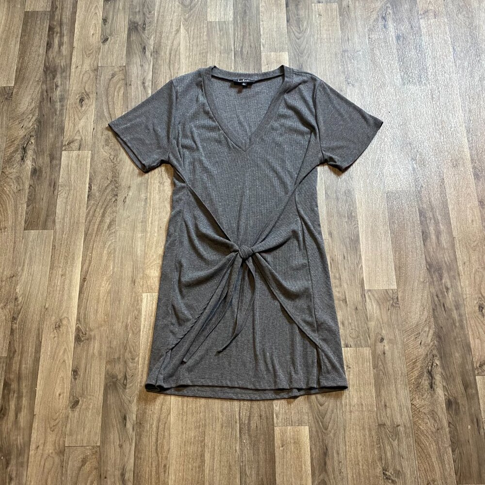 Lulu's Gray Knit Dress Tie Front Short Sleeve V-Neck Size Large